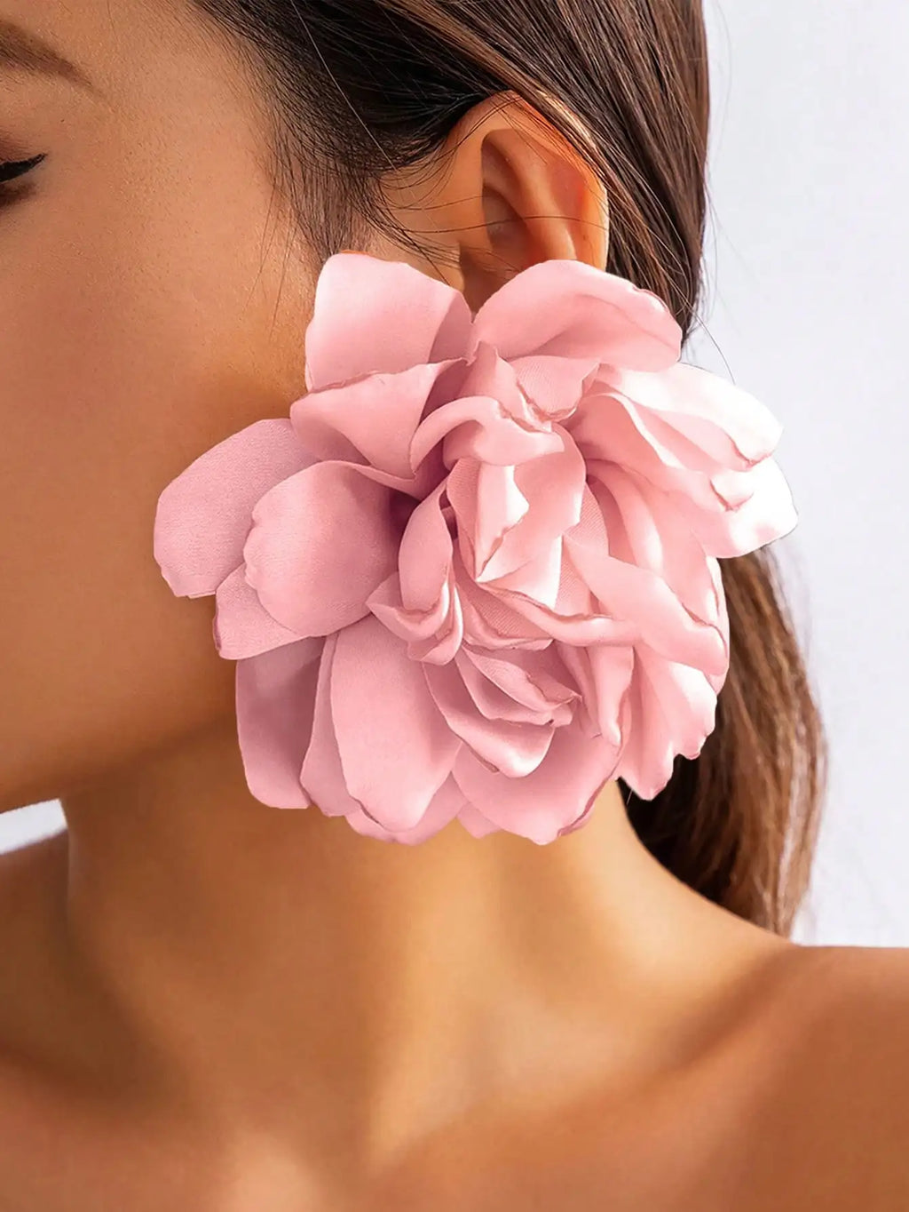 Oversized Fabric Flower Clip-On Earrings for Women, Soft Peach Satin Floral Design