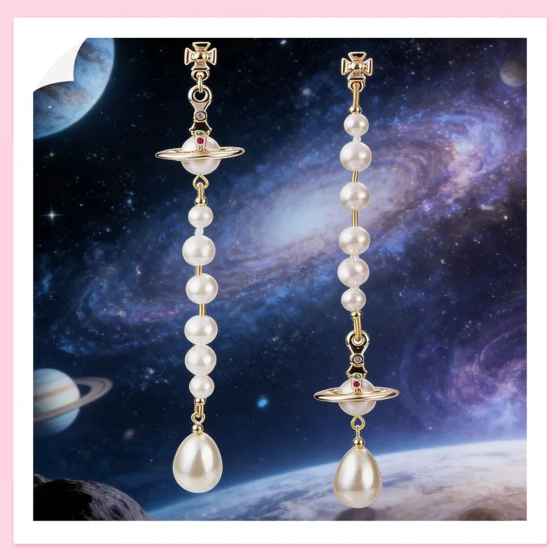 Gold Saturn Pearl Drop Earrings for Women, Vintage Long Tassel Dangle Earrings with Pearl Beads, Elegant Statement Jewelry Gift