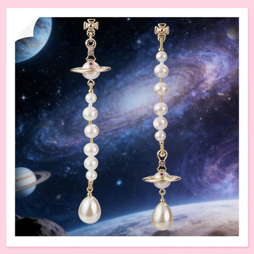 Gold Saturn Pearl Drop Earrings for Women, Vintage Long Tassel Dangle Earrings with Pearl Beads, Elegant Statement Jewelry Gift