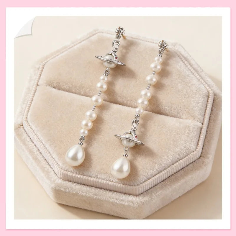 Gold Saturn Pearl Drop Earrings for Women, Vintage Long Tassel Dangle Earrings with Pearl Beads, Elegant Statement Jewelry Gift