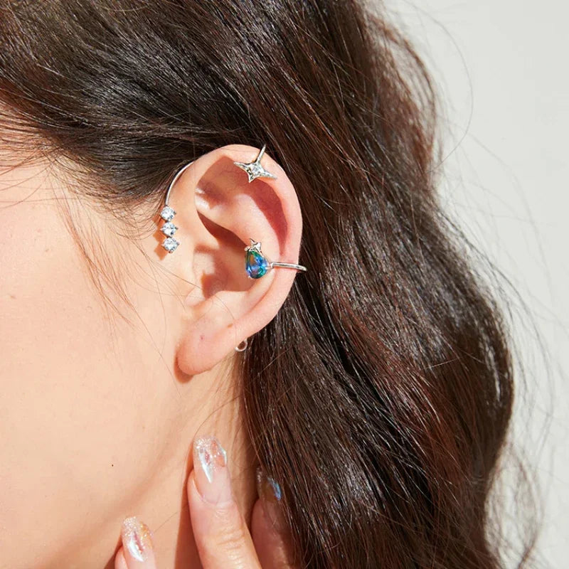 Original Blue Gemstone Water Drop sweet bowknot ear cuff silver 925 Light Luxury star earrings for women Wedding Jewelry