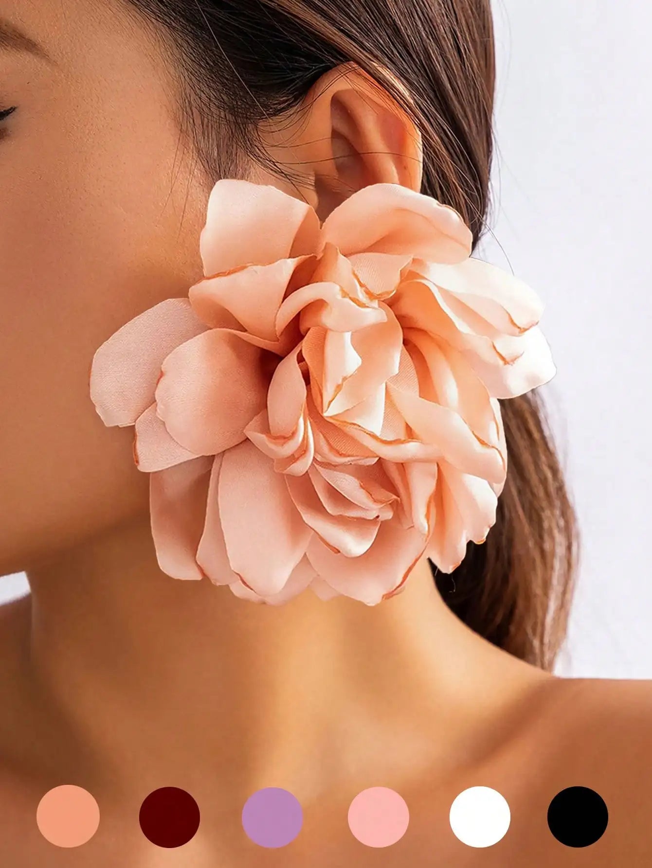 Oversized Fabric Flower Clip-On Earrings for Women, Soft Peach Satin Floral Design