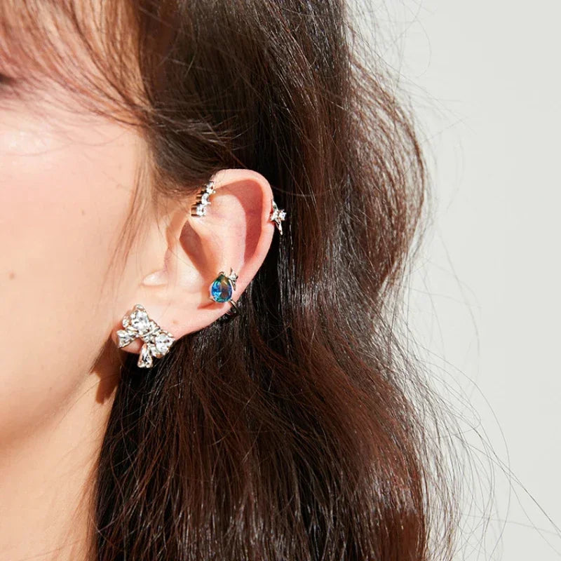 Original Blue Gemstone Water Drop sweet bowknot ear cuff silver 925 Light Luxury star earrings for women Wedding Jewelry