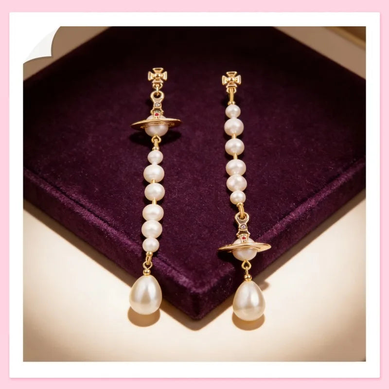 Gold Saturn Pearl Drop Earrings for Women, Vintage Long Tassel Dangle Earrings with Pearl Beads, Elegant Statement Jewelry Gift